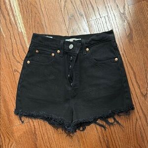 Levi’s Ribcage High Waist Black Distressed Denim Shorts 26